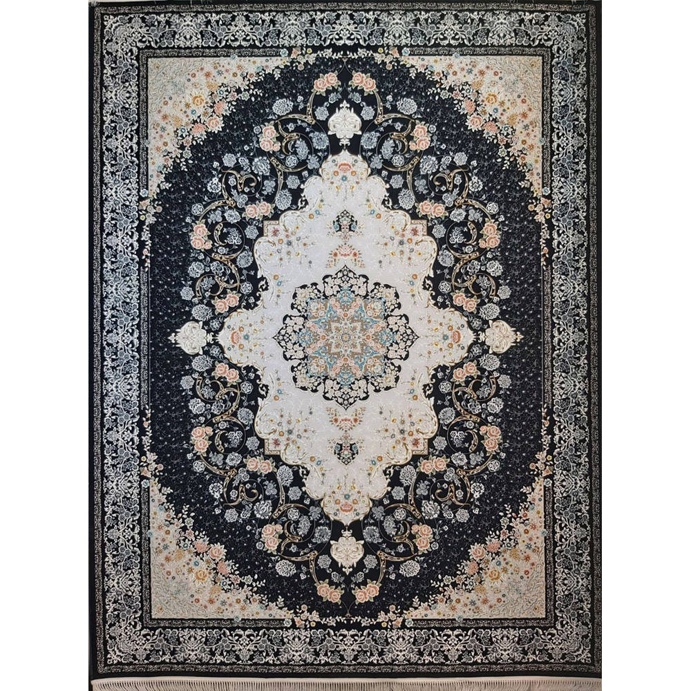 1-2.jpg فرش ماشینی 1200 شانه کاشان طرح ناوک سرمه ای - Image 1
