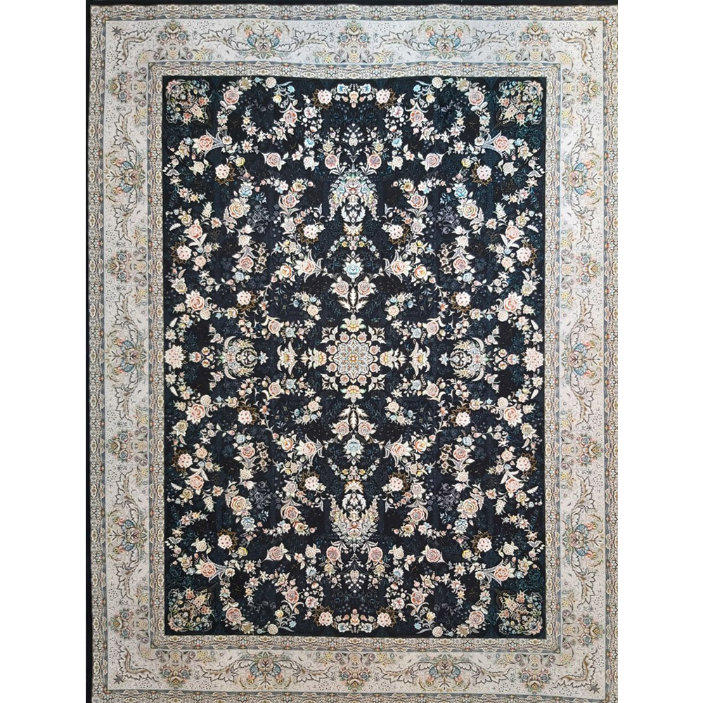 -2-1.jpg فرش ماشینی 1200 شانه کاشان طرح نورا سرمه ای - Image 1
