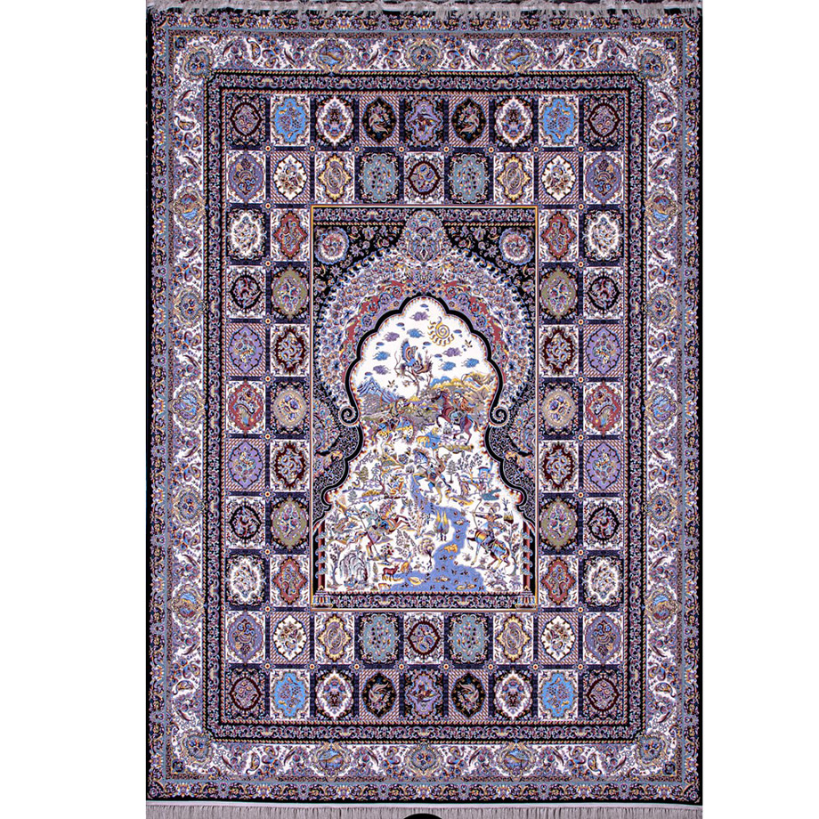 سرمه-ای طرح خشتی شکارگاه سرمه ای فرش ماشینی 1200 شانه کاشان